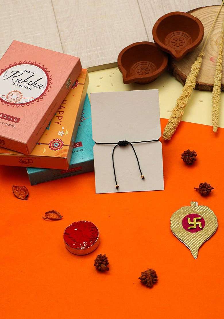Men Evil Eye And Beaded Rakhi With Roli Chawal And Greeting Card - Indya