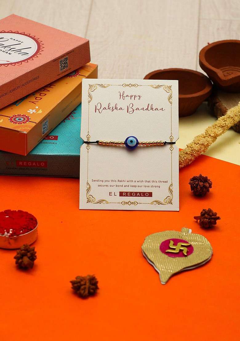 Men Evil Eye And Beaded Rakhi With Roli Chawal And Greeting Card - Indya