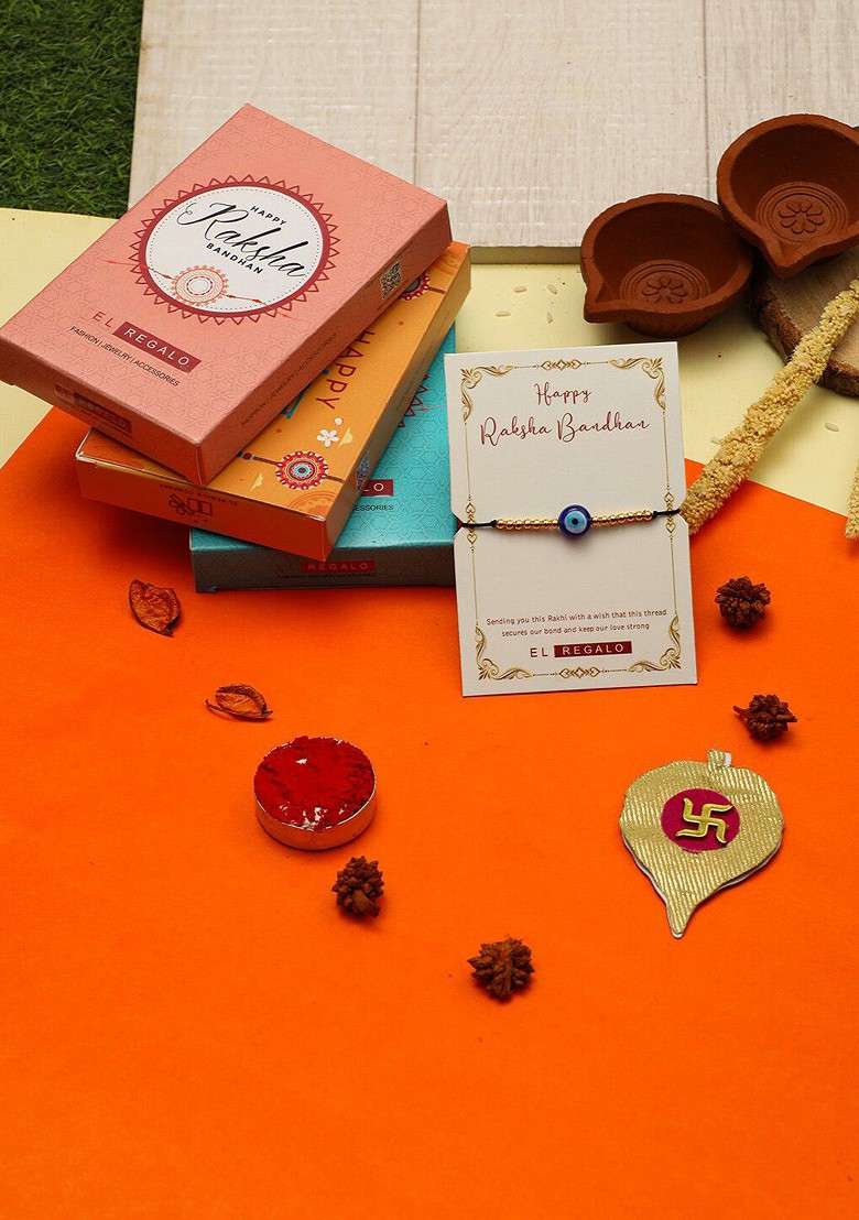 Men Evil Eye And Beaded Rakhi With Roli Chawal And Greeting Card - Indya