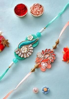 Unisex Set Of 2 Patchwork And Floral Crafted Resham Rakhi