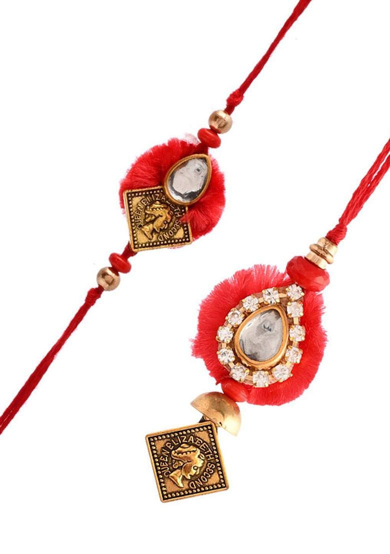 Unisex Kundan Embellished Resham Bhaiya Bhabhi Rakhi Set.