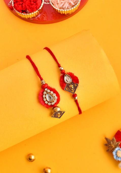 Unisex Kundan Embellished Resham Bhaiya Bhabhi Rakhi Set.