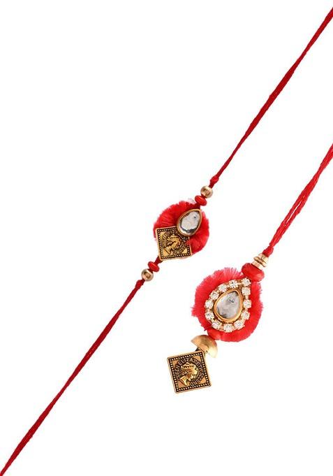 Unisex Kundan Embellished Resham Bhaiya Bhabhi Rakhi Set.