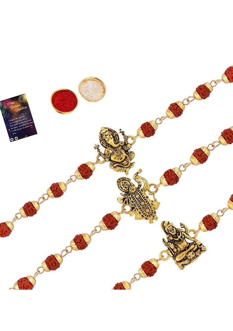 Unisex Set Of 2 Rakhi With Pooja Thali Roli Chawal And Greeting Card