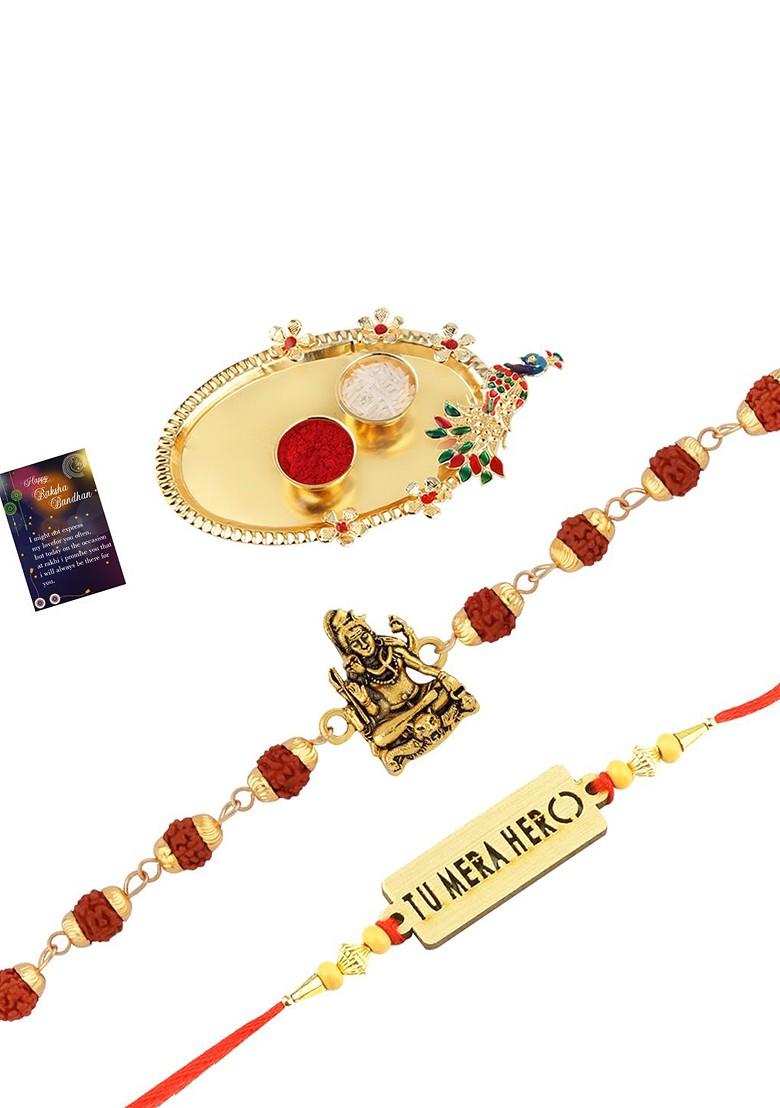 Unisex Set Of 2 Rakhi With Pooja Thali Roli Chawal And Greeting Card