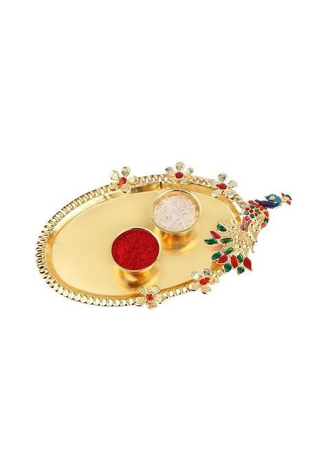 Unisex Set Of 2 Rakhi With Pooja Thali Roli Chawal And Greeting Card