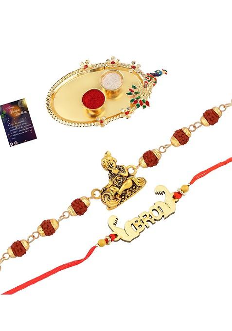 Unisex Set Of 2 Rakhi With Pooja Thali Roli Chawal And Greeting Card