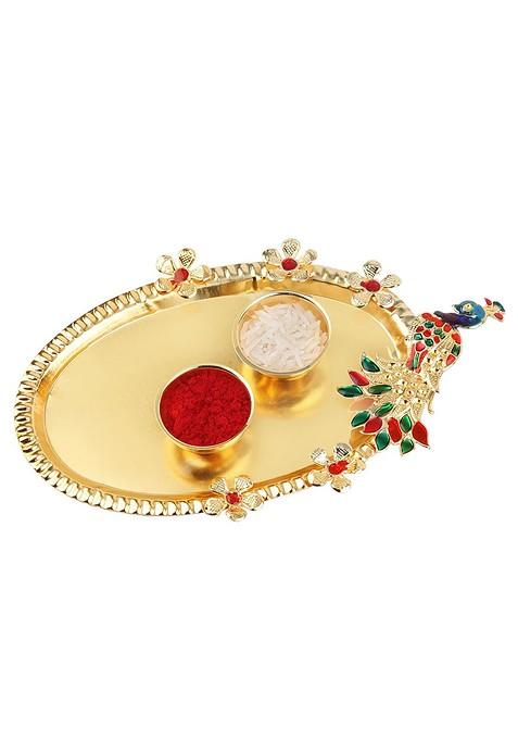 Unisex Set Of 2 Rakhi With Pooja Thali Roli Chawal And Greeting Card