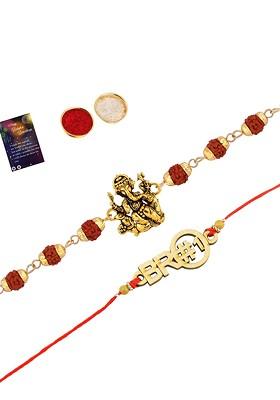 Unisex Set Of 2 Beaded Rakhi With Pooja Thali Roli Chawal And Greeting Card
