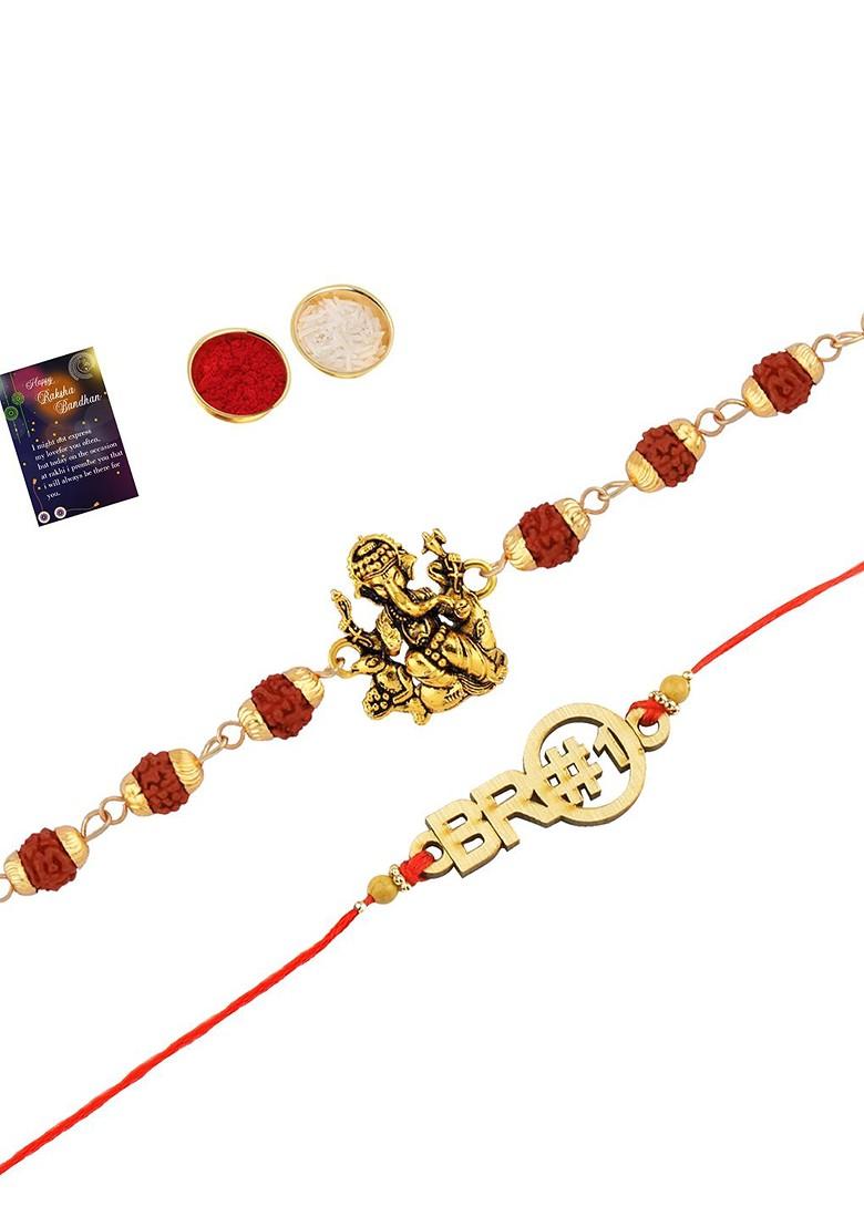Unisex Set Of 2 Beaded Rakhi With Pooja Thali Roli Chawal And Greeting Card
