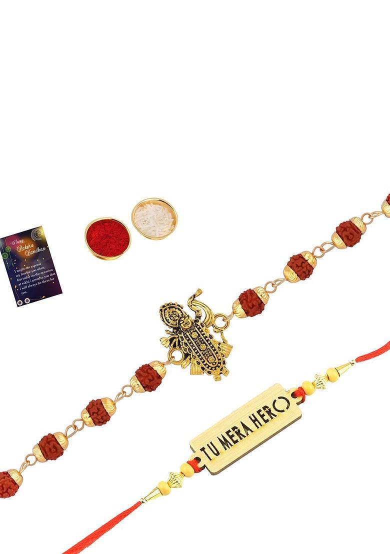 Unisex Set Of 2 Rakhi With Roli Chawal And Greeting Card