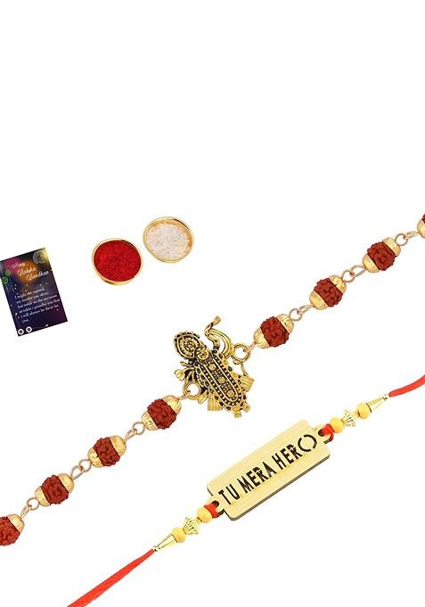 Unisex Set Of 2 Rakhi With Roli Chawal And Greeting Card