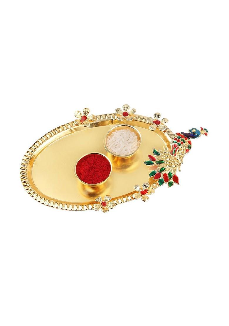 Unisex Set Of 2 Rakhi With Pooja Thali Roli Chawal And Greeting Card
