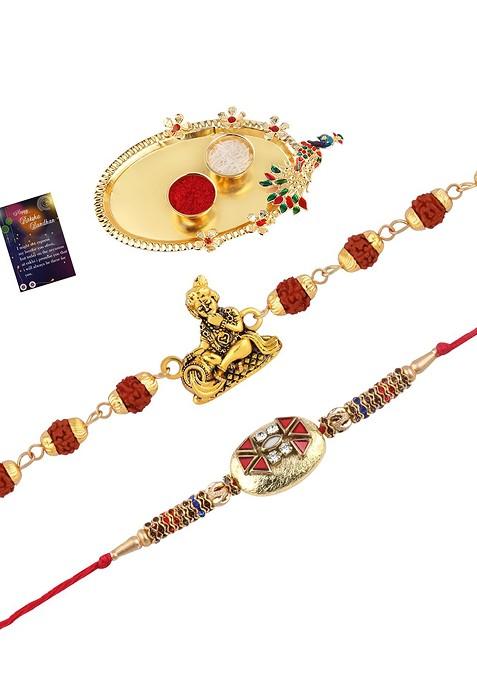 Unisex Set Of 2 Rakhi With Pooja Thali Roli Chawal And Greeting Card