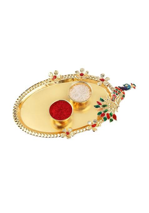 Unisex Set Of 2 Rakhi With Pooja Thali Roli Chawal And Greeting Card