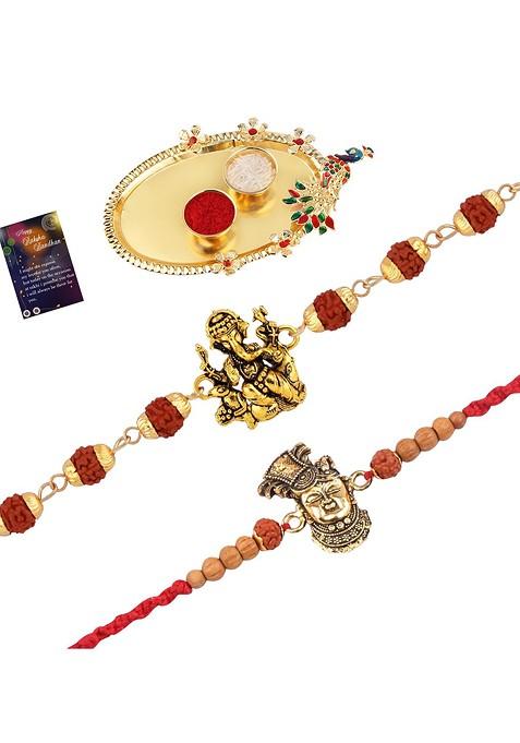Unisex Set Of 2 Rakhi With Pooja Thali Roli Chawal And Greeting Card