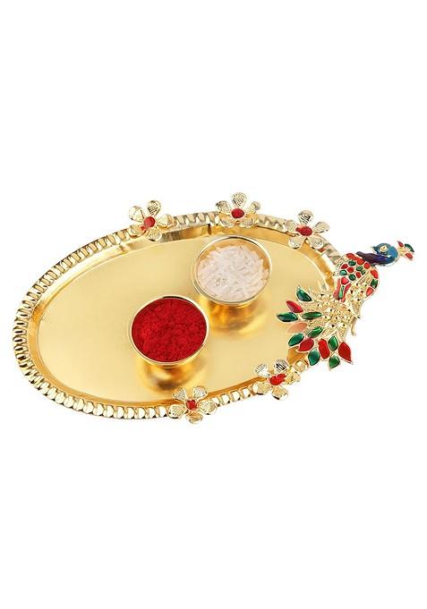 Unisex Set Of 2 Rakhi With Pooja Thali Roli Chawal And Greeting Card