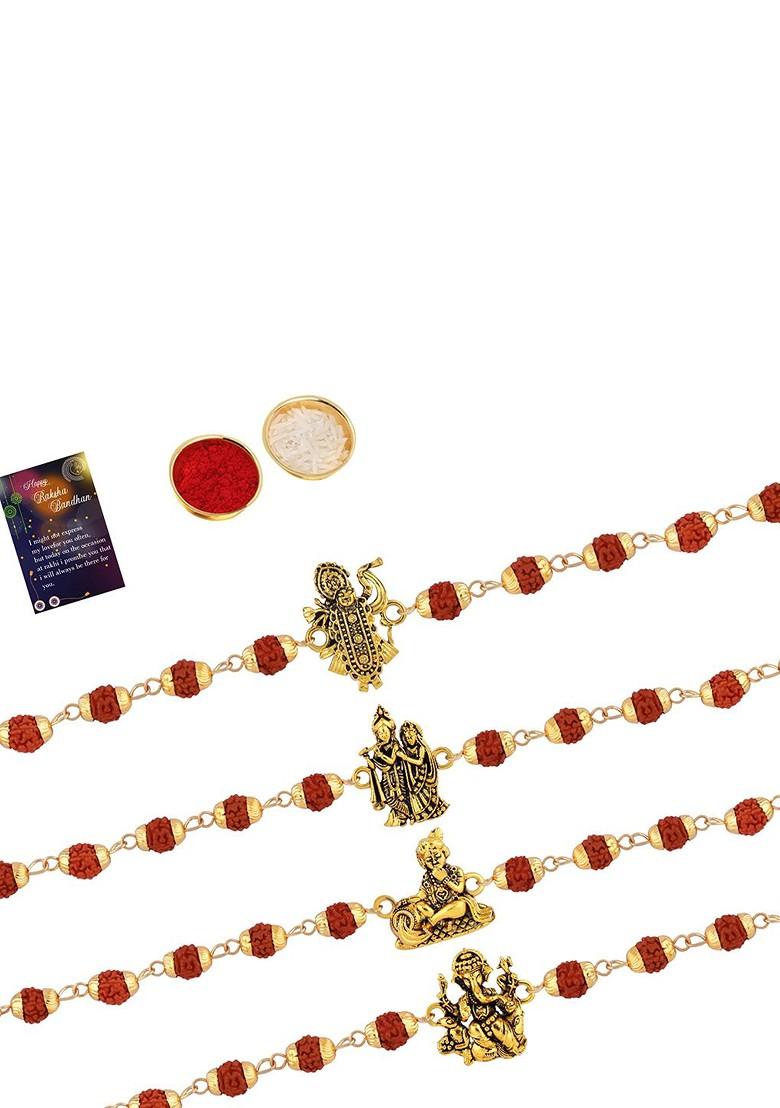 Unisex Set Of 4 Beaded Rakhi With Roli Chawal And Greeting Card