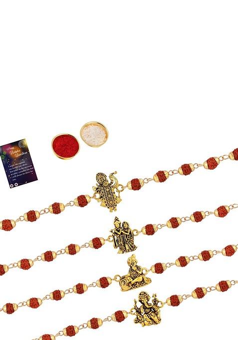 Unisex Set Of 4 Beaded Rakhi With Roli Chawal And Greeting Card