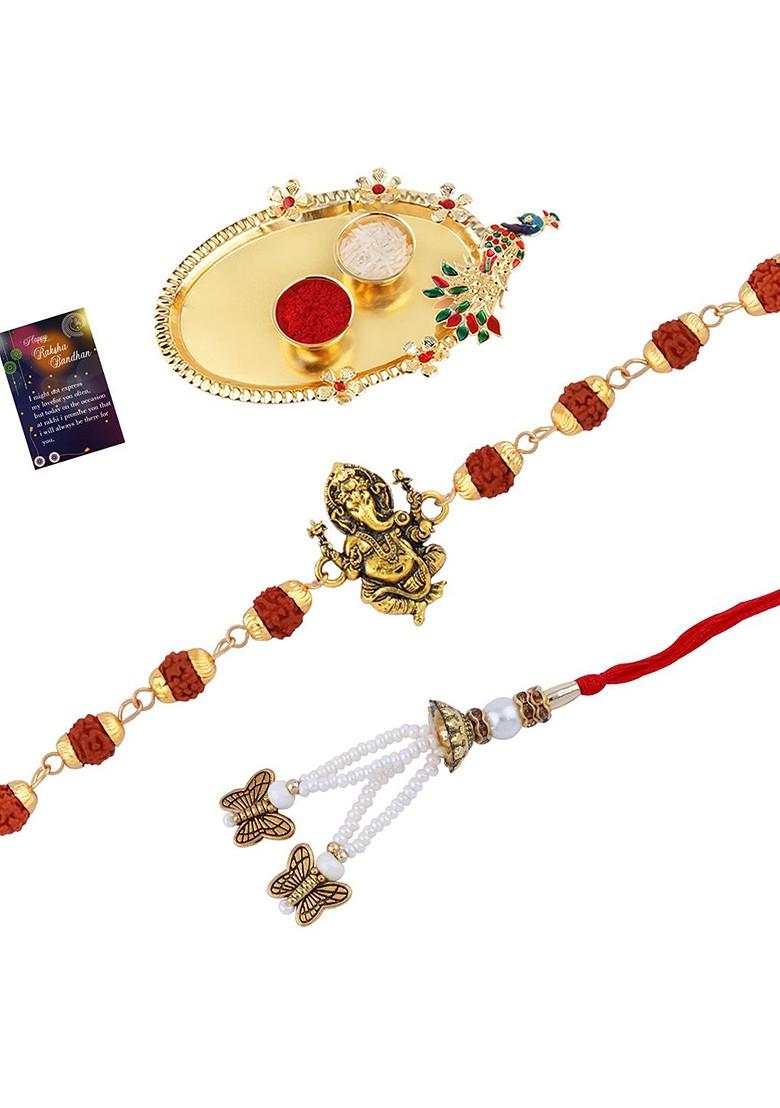 Unisex Set Of 2 Rakhi With Pooja Thali Roli Chawal And Greeting Card