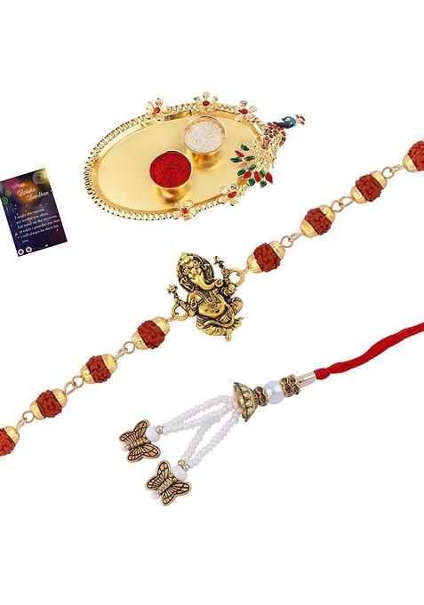 Unisex Set Of 2 Rakhi With Pooja Thali Roli Chawal And Greeting Card