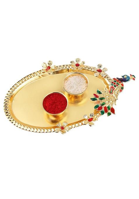 Unisex Set Of 2 Rakhi With Pooja Thali Roli Chawal And Greeting Card
