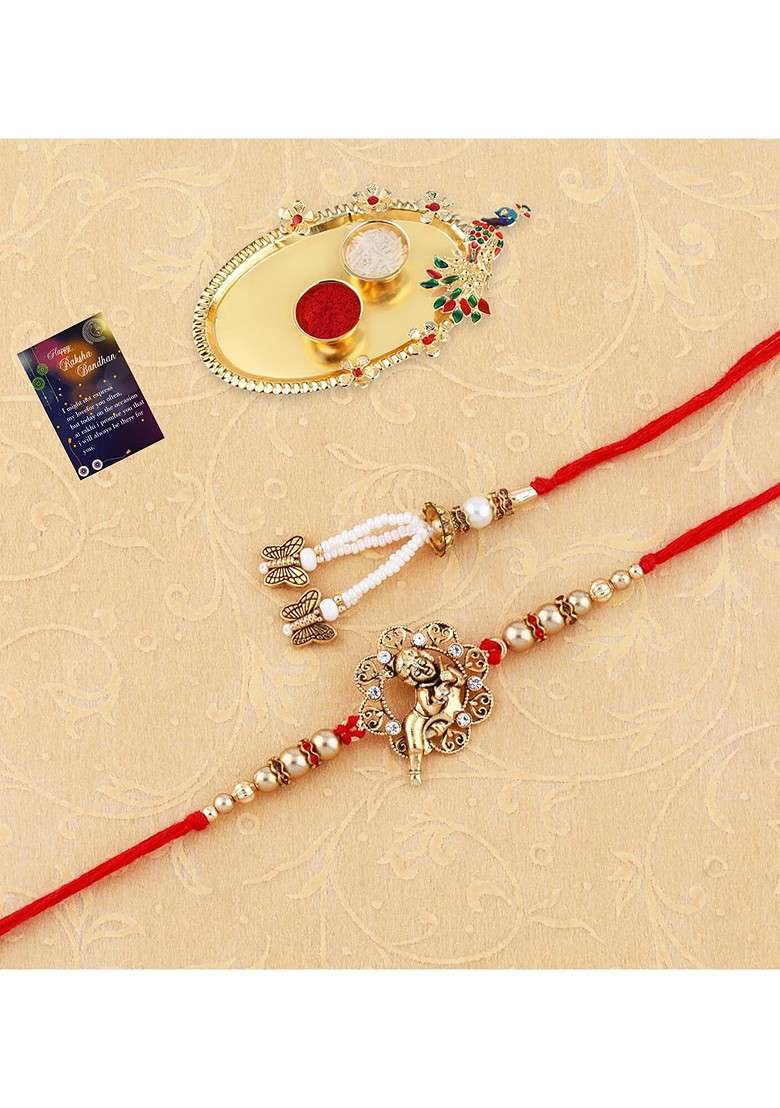 Set Of 2 Bhaiya Bhabhi Rakhi With Pooja Thali Roli Chawal And Greeting Card - Indya