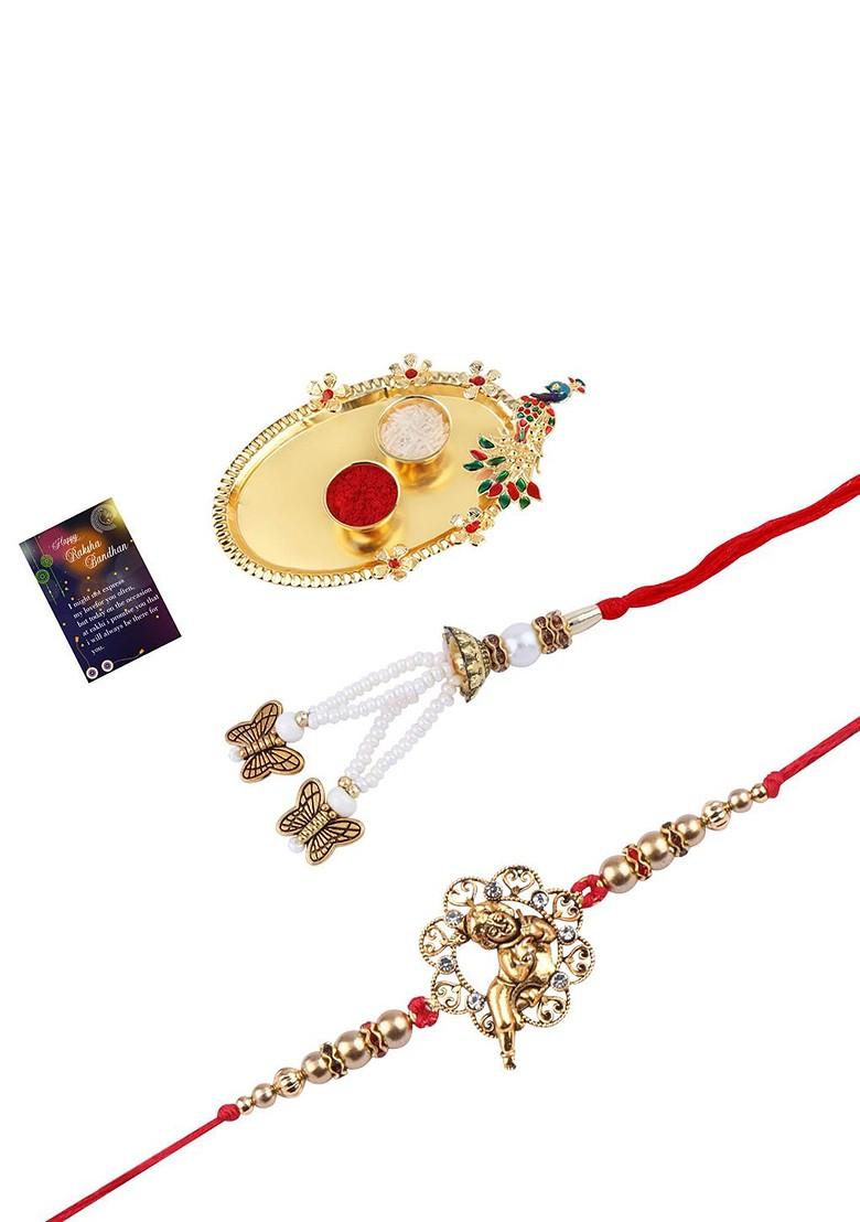 Set Of 2 Bhaiya Bhabhi Rakhi With Pooja Thali Roli Chawal And Greeting Card
