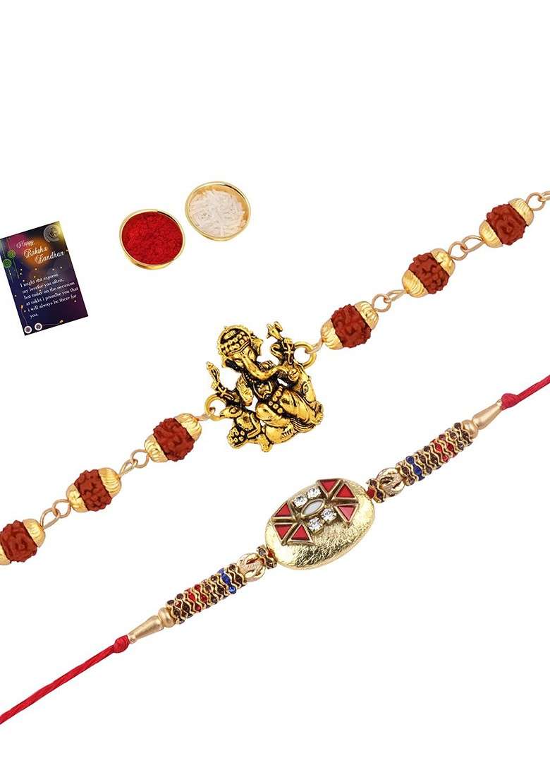 Men Set Of 2 Stone Studded And Beaded Thread Rakhis - Indya
