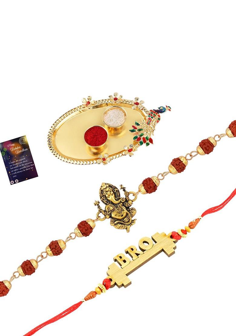 Men Set Of 2 Beaded Thread Rakhis With Roli Chawal And Greeting Card - Indya
