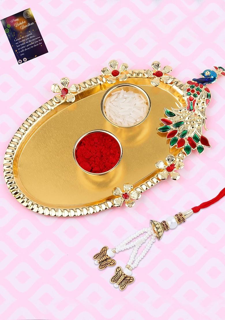Women Stone Studded And Beaded Thread Rakhi With Roli Chawal And Greeting Card