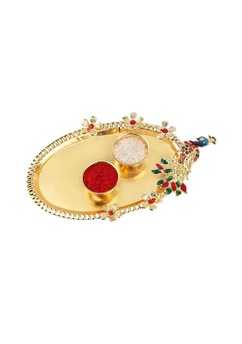 Women Stone Studded And Beaded Thread Rakhi With Roli Chawal And Greeting Card