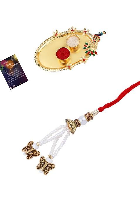 Women Stone Studded And Beaded Thread Rakhi With Roli Chawal And Greeting Card