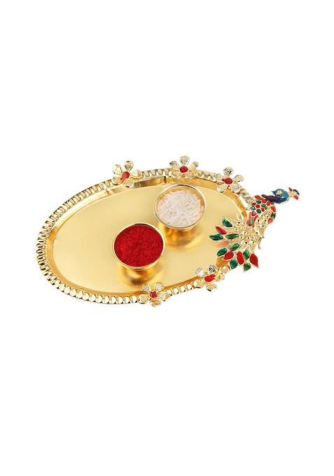 Women Stone Studded And Beaded Thread Rakhi With Roli Chawal And Greeting Card