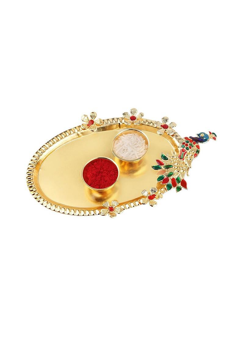 Unisex Set Of 2 Rakhi With Pooja Thali Roli Chawal And Greeting Card