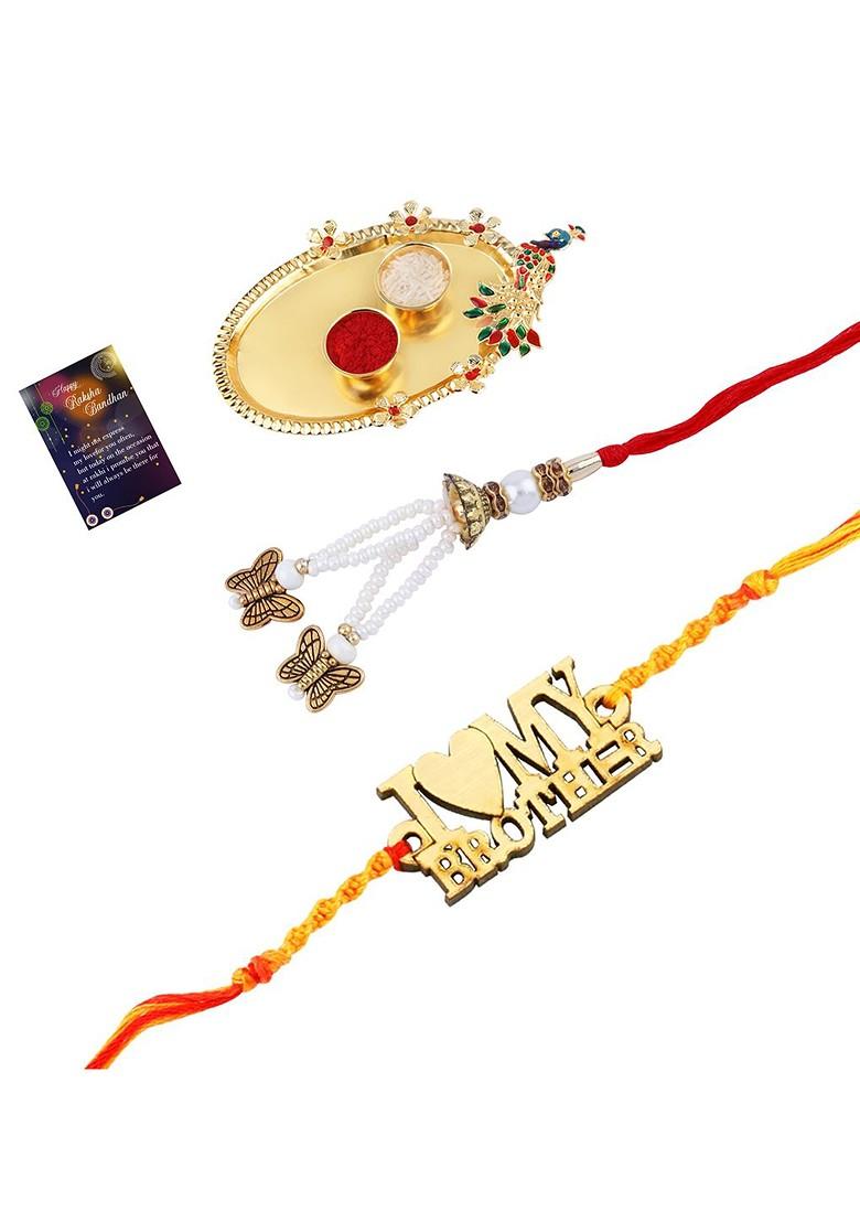 Unisex Set Of 2 Rakhi With Pooja Thali Roli Chawal And Greeting Card