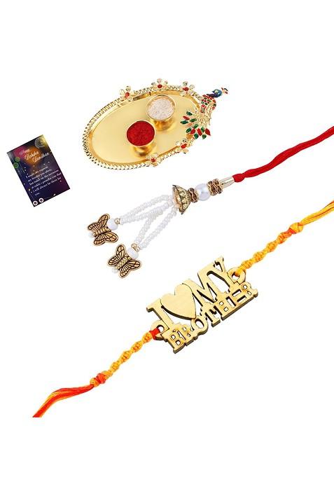 Unisex Set Of 2 Rakhi With Pooja Thali Roli Chawal And Greeting Card