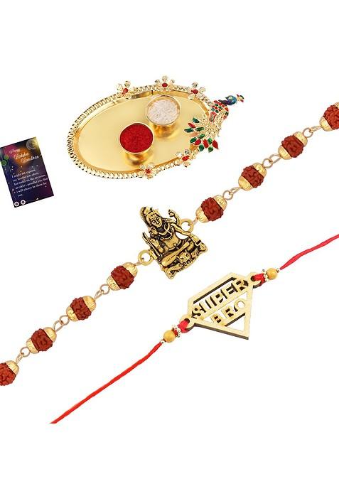 Set Of 2 Rakhi With Pooja Thali Roli Chawal And Greeting Card