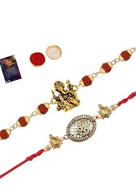 Set Of 2 Beaded Rakhi With Pooja Thali Roli Chawal And Greeting Card