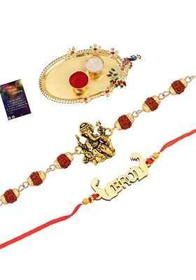 Set Of 2 Studded Thread Rakhis With Pooja Thali Roli Chawal And Greeting Card