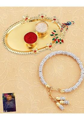 Unisex Stone Studded Rakhi With Pooja Thali Roli Chawal And Greeting Card