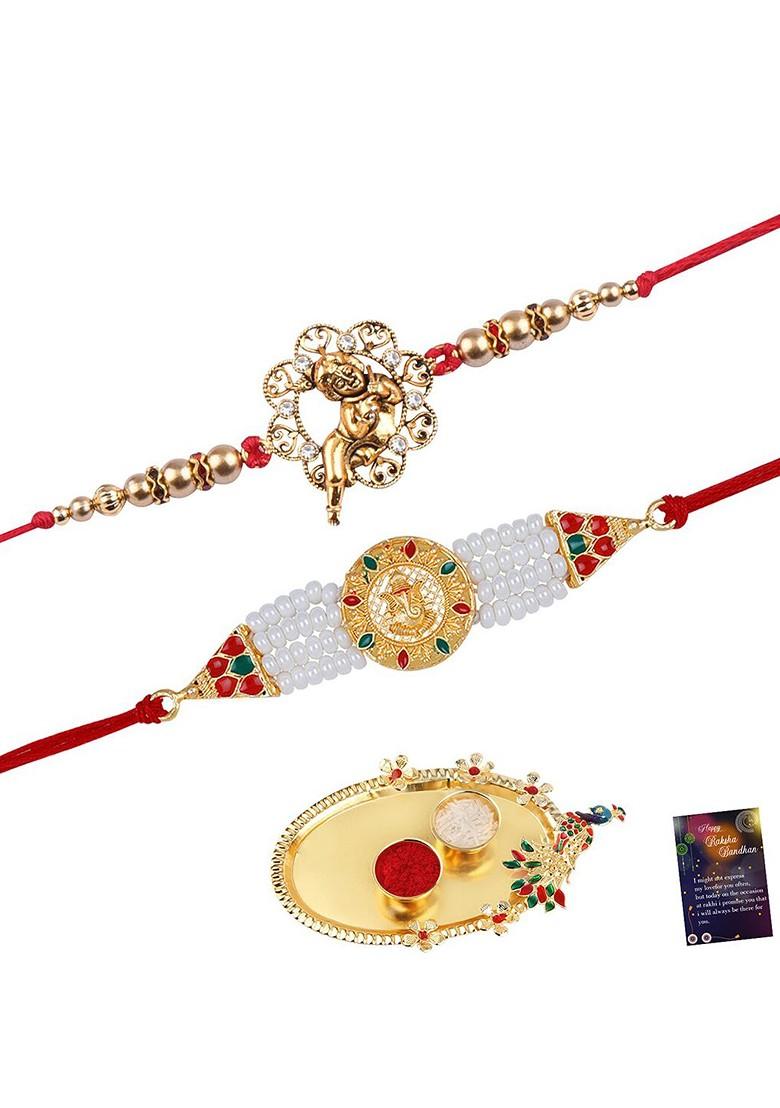 Men Set Of 2 Stone Studded And Beaded Rakhis With Pooja Thali - Indya