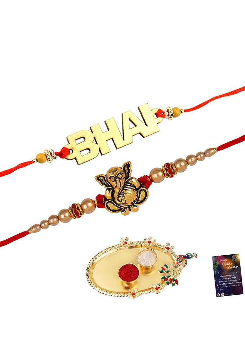 Unisex Set Of 2 Charm Rakhis With Roli Chawal 1 Greeting Card And Pooja Thali - Indya