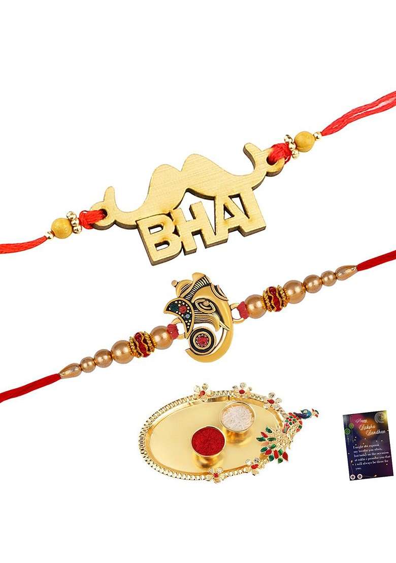 Set Of 2 Bhabhi Bhaiya Rakhis With Roli Chawal 1 Greeting Card And Pooja Thali - Indya