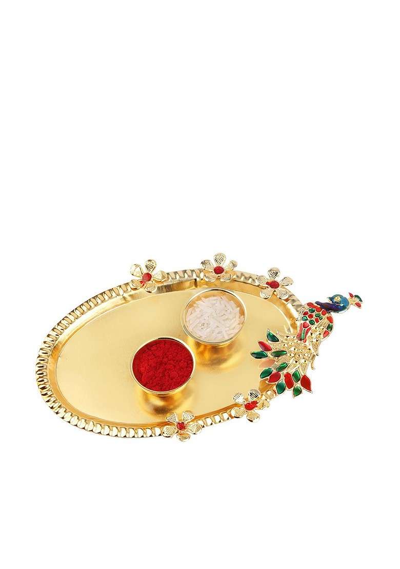Unisex Set Of 2 Thread Rakhis With Roli Chawal 1 Greeting Card And Pooja Thali - Indya