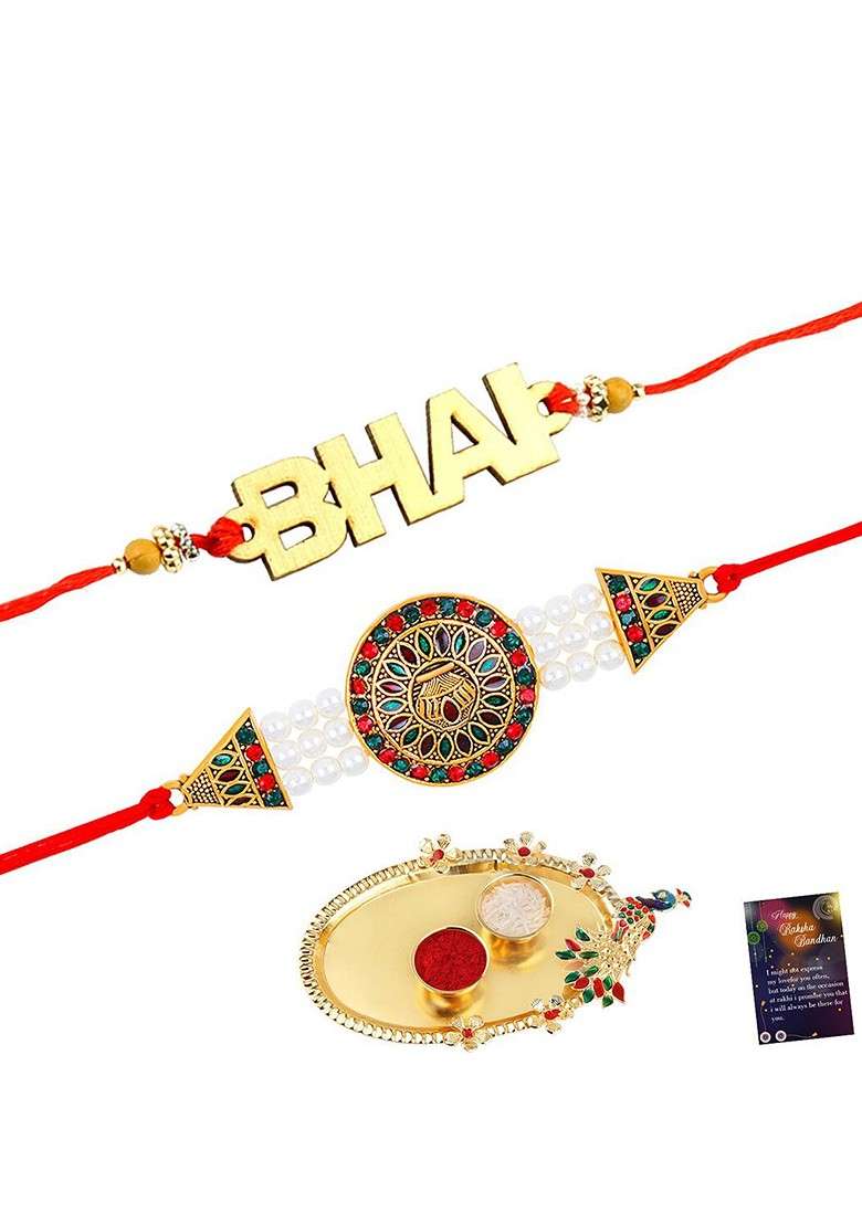 Unisex Set Of 2 Rakhi With Roli Chawal 1 Greeting Card And Pooja Thali - Indya