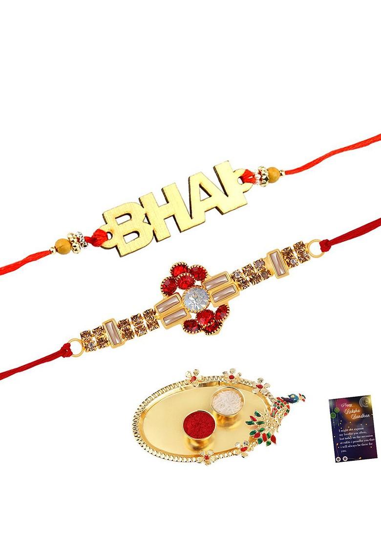 Unisex Set Of 2 Crystal Rakhi With Roli Chawal 1 Greeting Card And Pooja Thali
