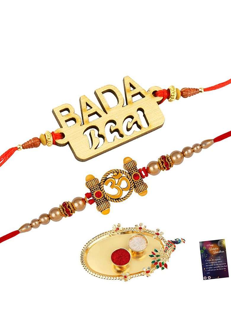 Set Of 2 Crystal Studded And Beaded Rakhi With Pooja Thali - Indya