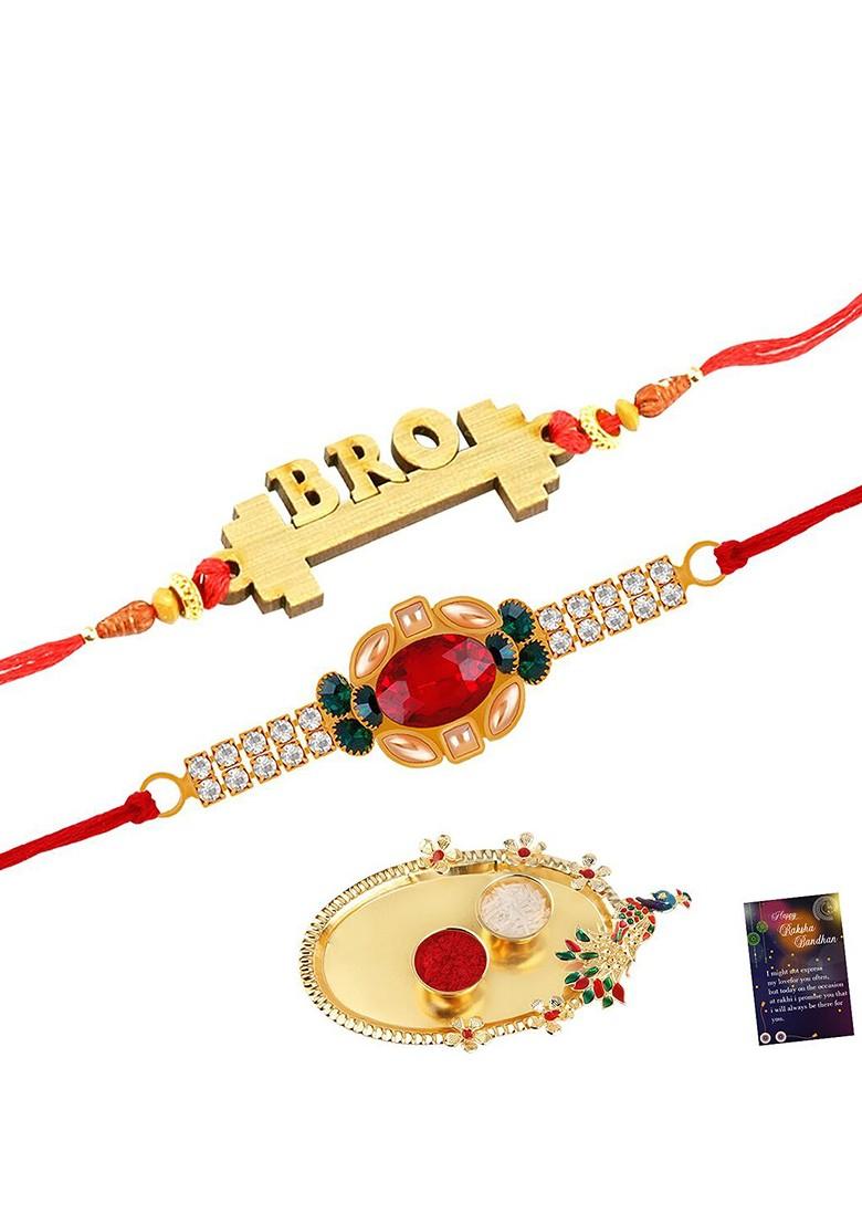 Unisex Set Of 2 Crystal Rakhi With Roli Chawal 1 Greeting Card And Pooja Thali
