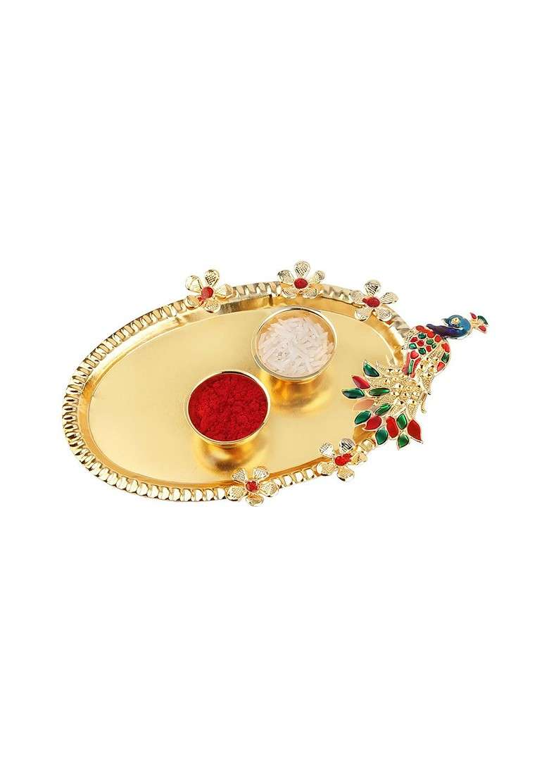 Unisex Set Of 2 Crystal Studded And Beaded Rakhis With Pooja Thali - Indya